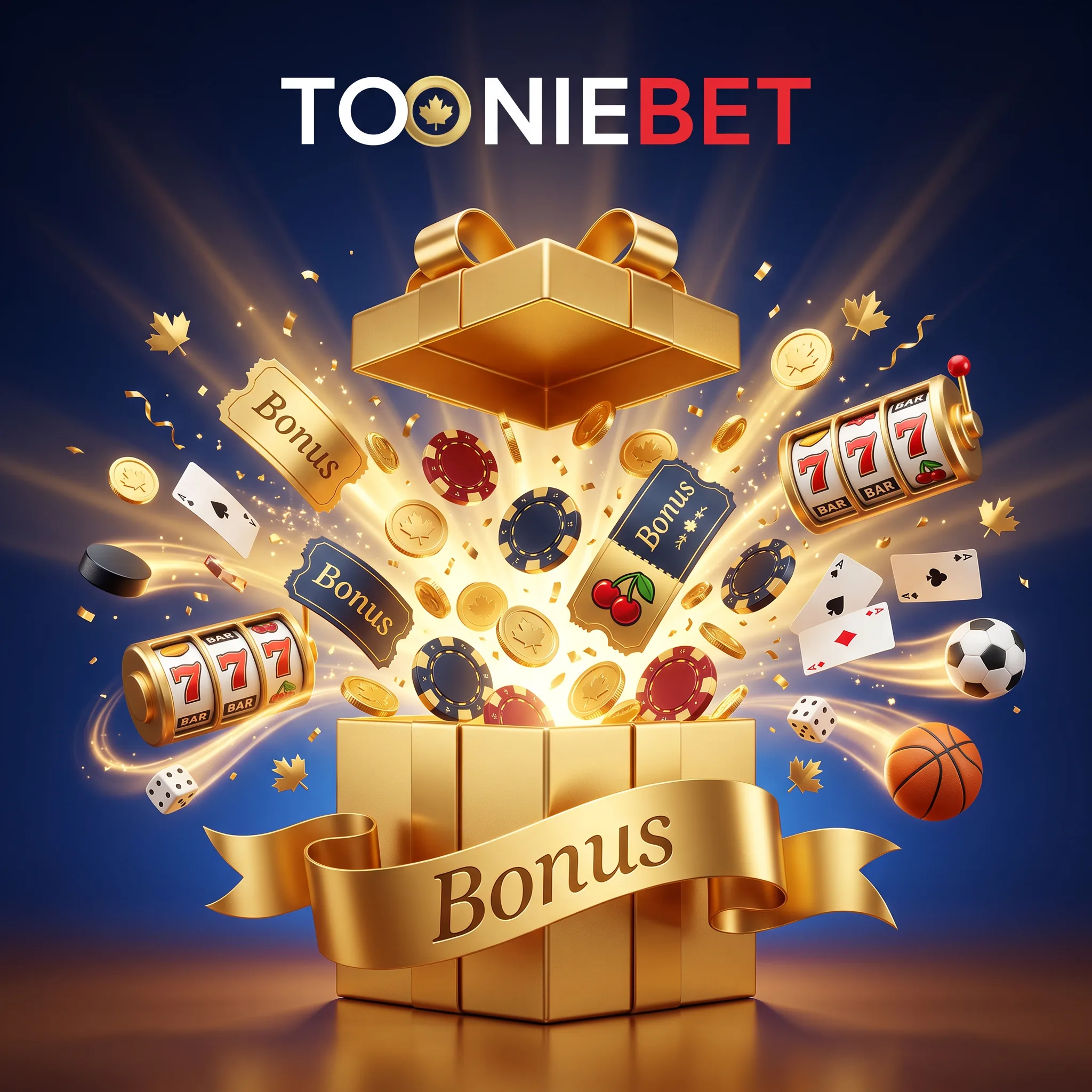 Gold casino bonus gift with slot symbols, cards and coins
