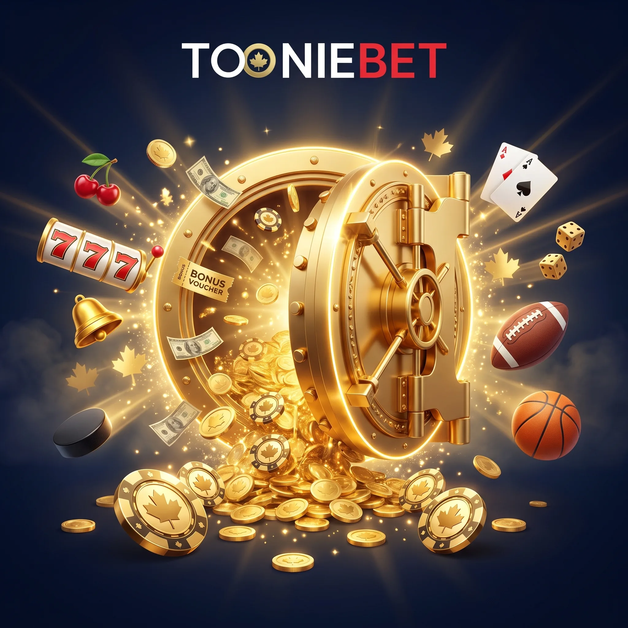 Gold casino vault with cards, slots and sports equipment