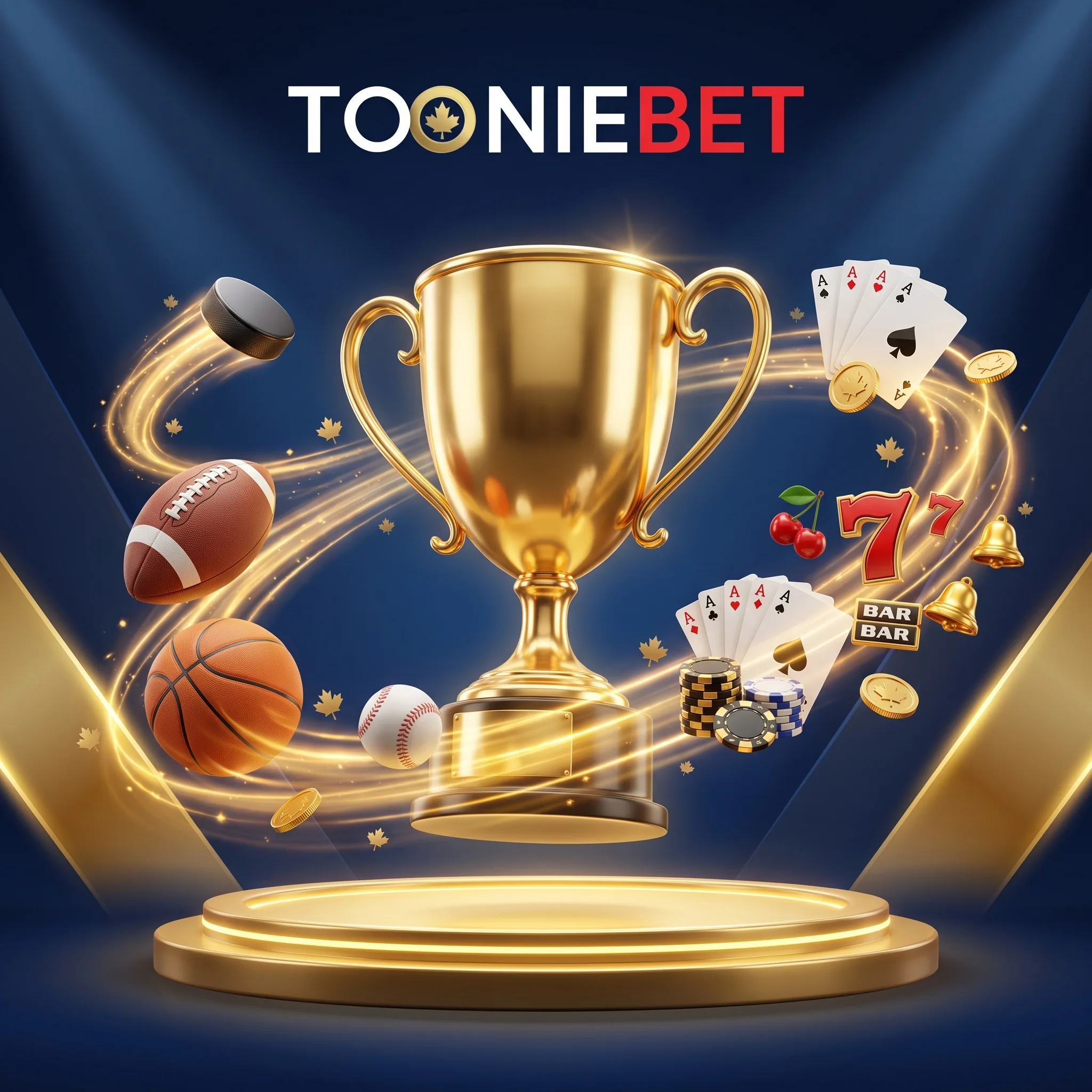 Gold trophy with sports equipment, cards and casino chips